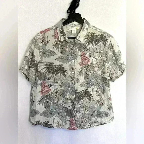 C&C California 100% Linen Hawaiian Button Up Short Sleeve Crop Blouse Small - Picture 1 of 6